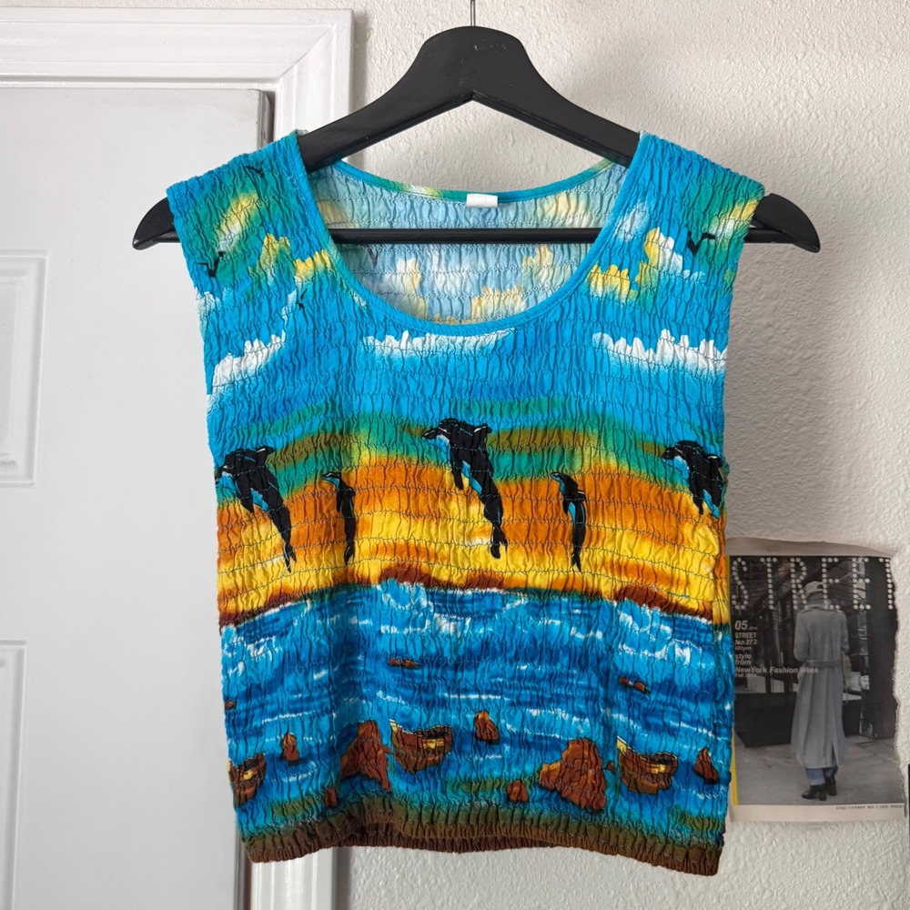 No label blue smocked dolphin orca tropical sunset stretch cropped tank top